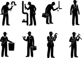 isolated icons of plumbers repairing pipes on white background vector