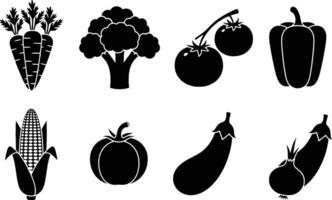 silhouette of a collection of eight black vegetable icons isolated on a white background vector