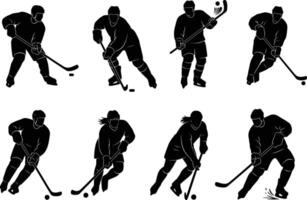 isolated silhouettes of hockey players in action on white background vector