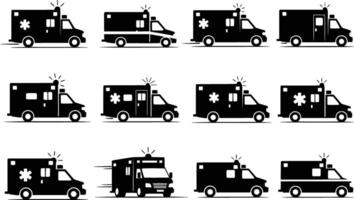 silhouette of a collection of black silhouette ambulance icons isolated on white background vector
