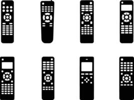 silhouette of a collection of eight black remote controls isolated on a white background vector