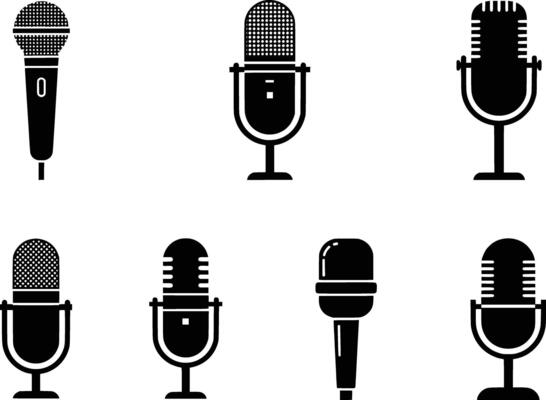 silhouette of a collection of seven diverse microphone icons isolated on a white background