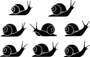 silhouette of a collection of seven black snail silhouettes isolated on a white background vector