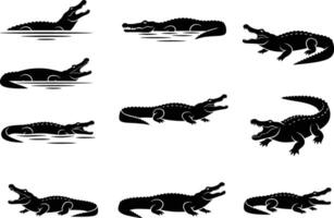 silhouette of a striking collection of black alligator and crocodile silhouettes in various poses isolated on a white background vector