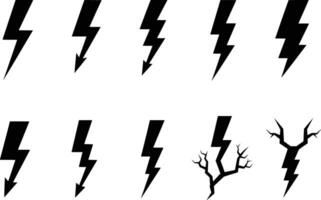 silhouette of collection of black lightning bolt icons and stylized lightning strikes isolated on white background vector