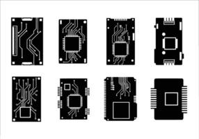 silhouette of collection of eight black and white electronic circuit board icons isolated on white background vector