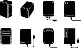 silhouette of collection of portable power bank chargers isolated on white background vector
