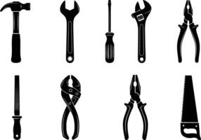silhouette of collection of essential hand tools isolated on white background vector