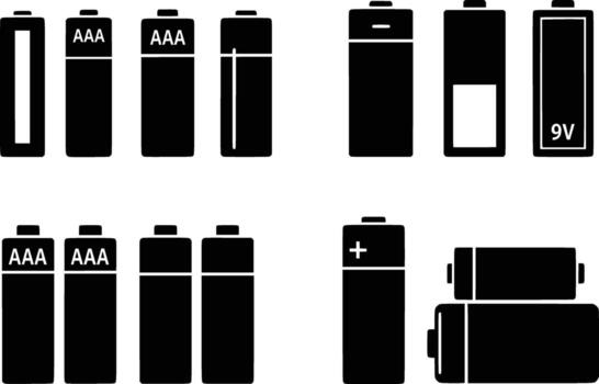 silhouette of collection of various battery types and sizes isolated on white background vector