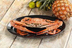 A crab on a plate with a pineapple and a pineapple on a table photo