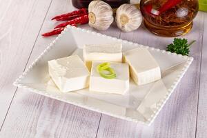 A white plate topped with cubes of cheese and garlic photo