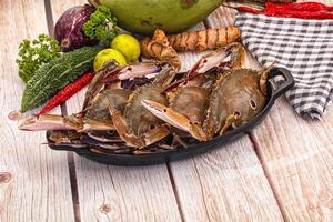 A bunch of crabs sitting on a plate with other vegetables photo