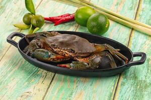A crab is sitting in a black dish on a wooden table photo