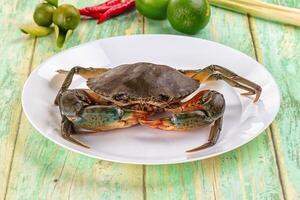 A crab on a white plate with some green peppers photo