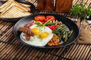 A plate of food with toast, eggs, beans, and toast photo