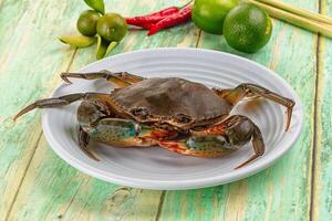 A crab on a plate with some limes and other ingredients photo