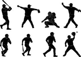 silhouettes of baseball players in various actions isolated on white background vector