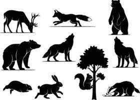 silhouettes of forest animals and a tree isolated on white background vector