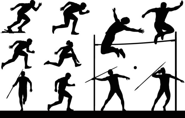 silhouettes of athletes competing in various track and field events isolated on white background
