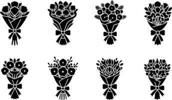 silhouette of collection of eight black and white floral bouquet icons isolated on white background vector