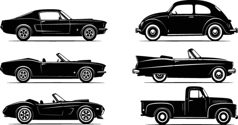 Black and white vintage cars on white background