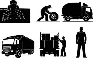 six different truck and driver silhouettes isolated on white background vector