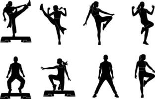silhouettes of people performing various fitness exercises isolated on white background vector