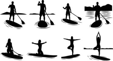 silhouettes of people paddle boarding and doing yoga on a lake isolated on white background vector