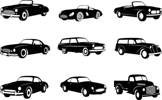 silhouette of a diverse collection of vintage car silhouettes isolated on a white background