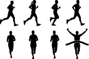 silhouettes of runners in various running poses and a winner crossing the finish line isolated on white background vector