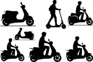 silhouettes of various scooters and a man on an electric scooter isolated on white background vector