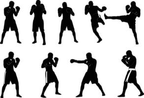 A set of silhouettes of men in boxing gear vector
