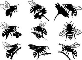 collection of nine bee silhouettes in various poses isolated on white background vector