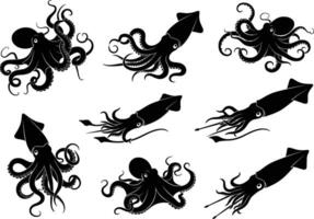 collection of octopus and squid silhouettes isolated on white background vector