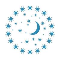 Crescent Moon with Decorative Star Circle. Celestial Illustration. A crescent moon surrounded by a harmonious arrangement of stars in varying sizes, forming a perfect circular composition. vector