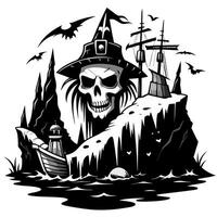 A skull with a witch's hat on top of a rock vector
