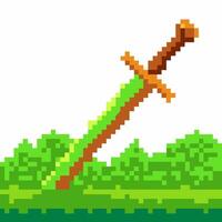 Pixel art fantasy sword in green pixelated grass, retro game weapon, 8 bit digital illustration, adventure quest icon vector