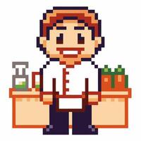 Smiling chef in pixel art standing at kitchen counter with vegetables, apron, and cooking utensils, retro game design vector