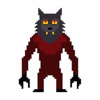 Pixel Art Werewolf Character in Red Suit with Yellow Eyes and Fangs on White Background vector