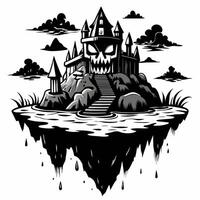 Floating Haunted Castle on Dripping Island Spooky Black and White Illustration vector