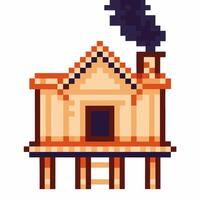 Pixel art wooden house on stilts with smoke rising from chimney retro cabin design, elevated structure, cozy atmosphere vector