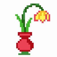Pixel art wilted yellow flower in red vase, with green stem and leaves, retro minimal digital design vector