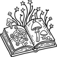 Open magic book with mystical symbols, mushrooms, and stars enchanted fantasy illustration of spellcasting and witchcraft vector