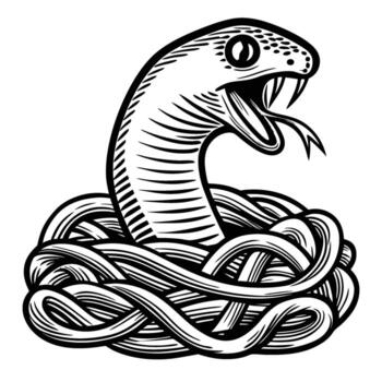 Venomous snake emerging from tangled nest, mouth open, fangs visible, aggressive reptile illustration, black and white design vector