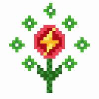 Pixel art flower with yellow star center, surrounded by green geometric shapes, retro digital botanical illustration vector