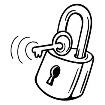 Open padlock with key access secure unlock, password entry, security protection and privacy icon in hand drawn black outline vector