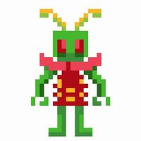 Pixelated alien character with green body, red armor, yellow accents, antennae, and blocky retro game design vector