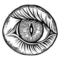 Detailed hand drawn eye illustration black and white etching, iris pupil closeup, intricate sketch, expressive vision, surreal vector