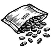 Sunflower seed packet illustration hand drawn seeds spilling from open bag for gardening, agriculture, food concepts vector