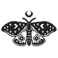 Pixel art cosmic moth with crescent moons and stars retro black and white digital insect illustration, minimalist celestial design vector